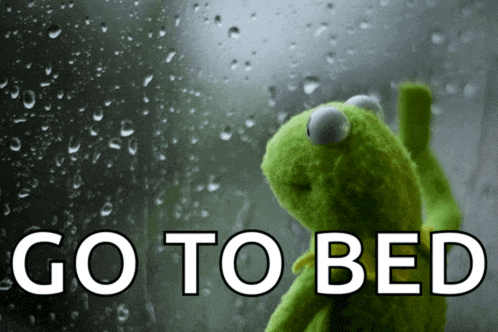 kermit the frog is looking out a window with the words go to bed written below him
