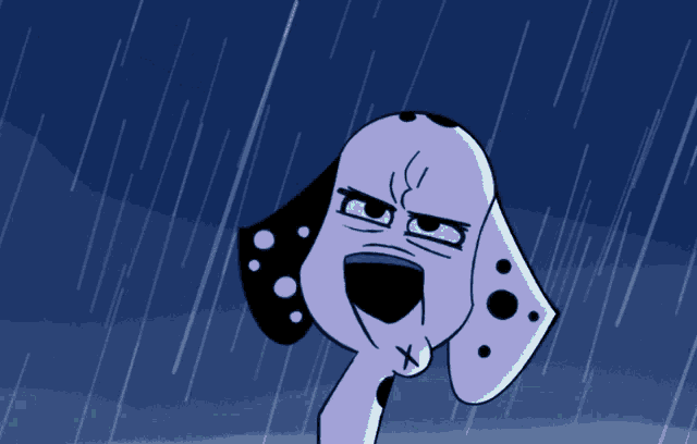 a dalmatian dog is standing in the rain with an x on its chest