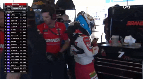 a race car driver wearing a helmet stands in front of a display that says phoenix