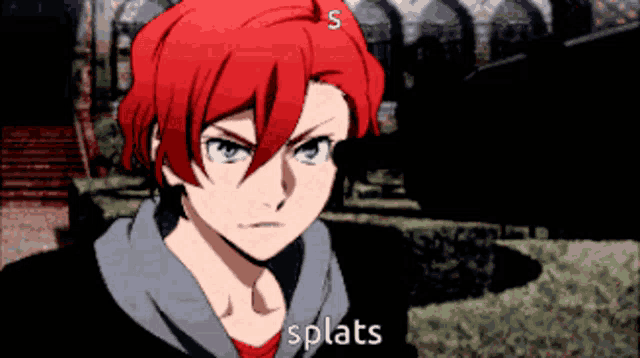 a red haired anime character with the word splats written on his face