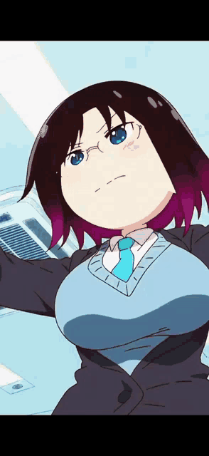 a girl with glasses and purple hair is wearing a blue tie