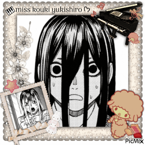 a picture of a girl with long black hair is surrounded by flowers and a piano