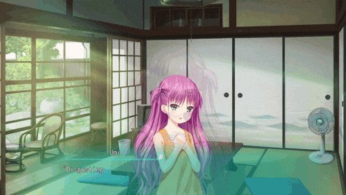 a girl with purple hair is standing in a room with a fan and says " disgusting "
