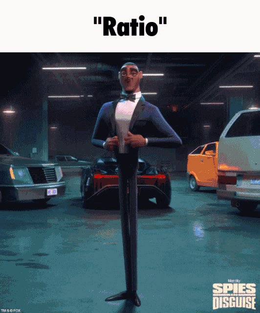 a poster for spies in disguise shows a man in a tuxedo and bow tie