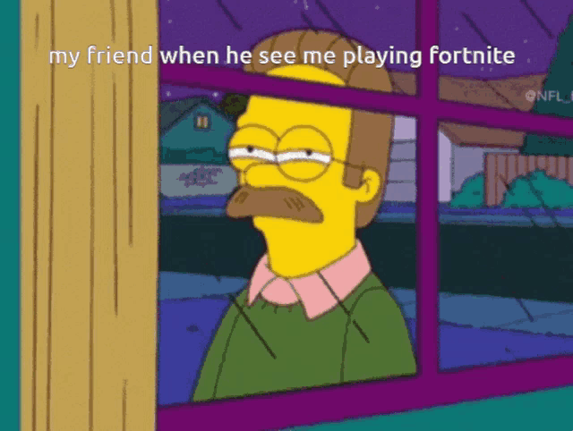 a cartoon of ned from the simpsons looking out a window
