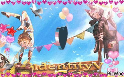 a sign that says identity v is surrounded by hearts