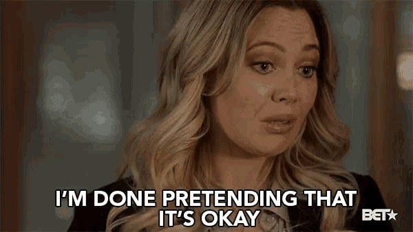 a woman is saying `` i 'm done pretending that it 's okay '' while looking at the camera .