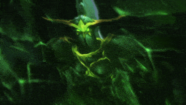 a painting of a green monster with yellow horns and green eyes