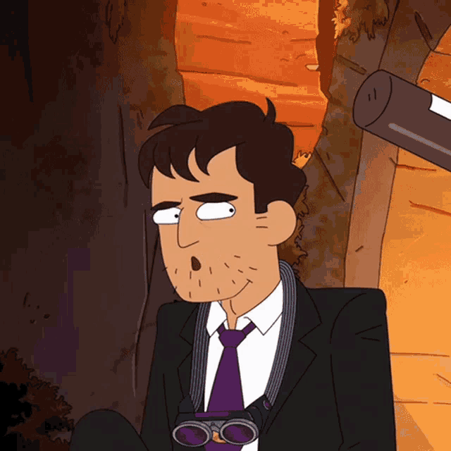 a cartoon of a man in a suit and tie with binoculars