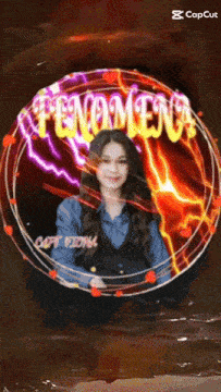 a woman in a blue shirt is surrounded by a circle with the word " fenomen " on it