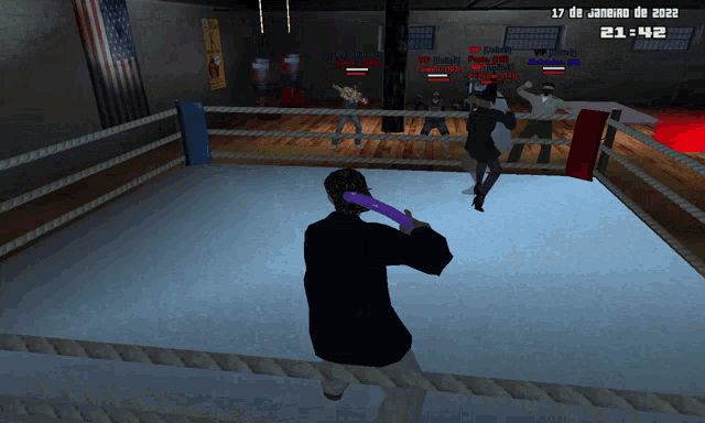 a boxing ring in a video game with the time 21:42 on the bottom