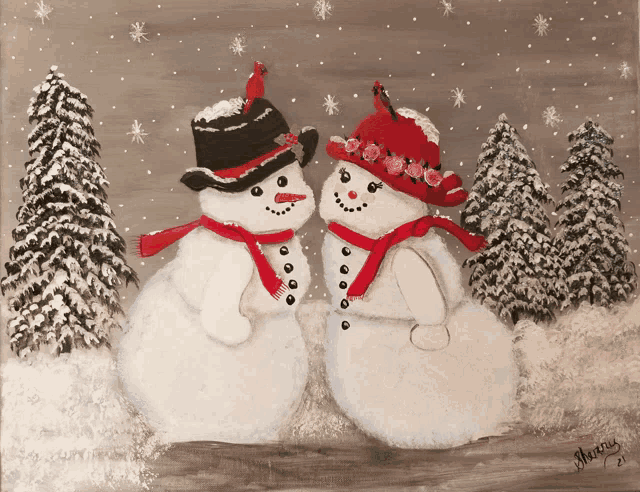 a painting of two snowmen with cardinals on their hats and scarves by a person named merry
