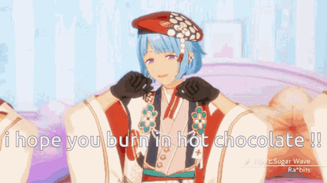 a cartoon character with the words " i hope you burn in hot chocolate " on the bottom