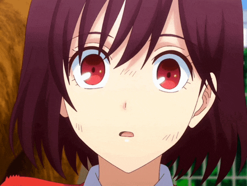a close up of a anime girl with red eyes