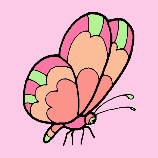 a drawing of a colorful butterfly with a pink background