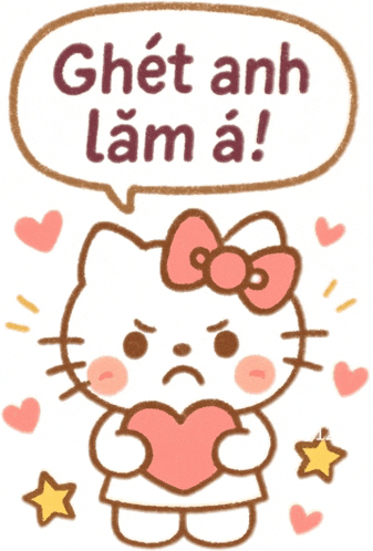 a hello kitty holding a heart with a speech bubble that says ghet anh lam a!