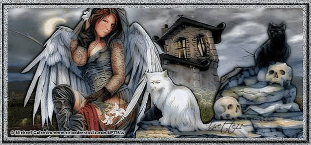a painting of a woman with angel wings sitting next to a white cat and skulls .