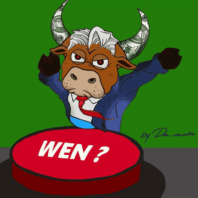 a cartoon of a bull pressing a button with the word wen on it