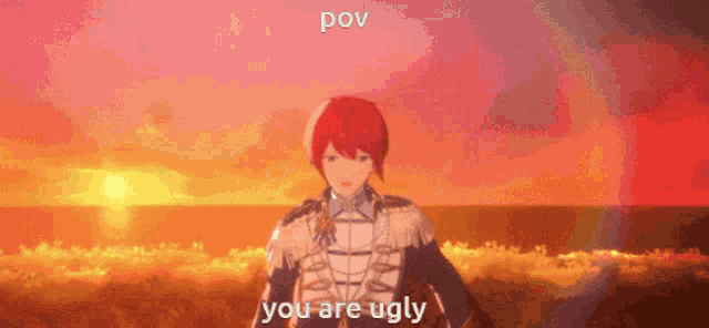 a cartoon character with red hair is standing in front of a sunset and says you are ugly