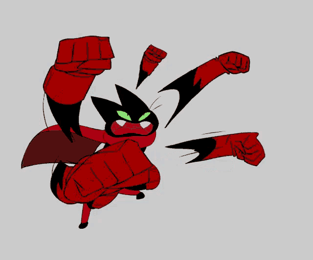 a black and red cartoon character with green eyes and red gloves