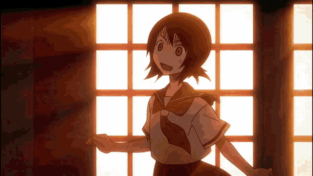 a girl in a school uniform is standing in front of a window and smiling