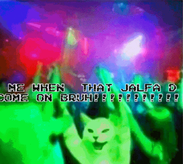 a cat is dancing in front of a crowd with the words " me when that jalfa d come on bruh "