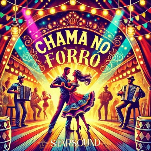 a colorful poster for chama no forro with a man and woman dancing