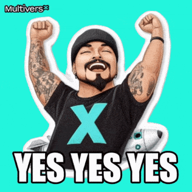 a man with his fist in the air is wearing a black shirt with an x on it