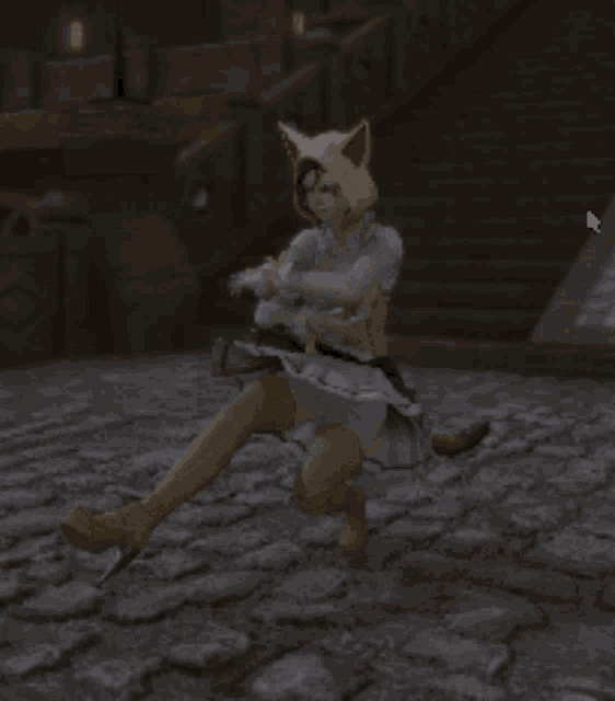 a woman in a cat costume sits on a stone floor
