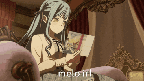 a girl is sitting on a couch reading a book and the words melo irl are below her