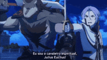 a man with a sword and shield stands next to a werewolf and says eu sou o cavaleiro espiritual
