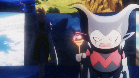 a cartoon character holding a cane with a red circle on it