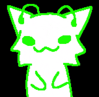 a pixel art drawing of a cat with green eyes and ears