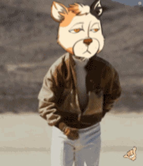 a cartoon of a cat wearing a brown jacket