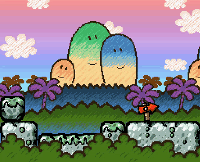a pixel art drawing of a tropical landscape with palm trees