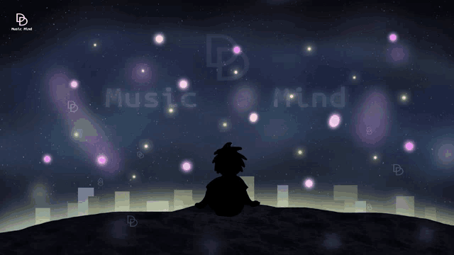 a silhouette of a person sitting on top of a hill with the words music mind behind them
