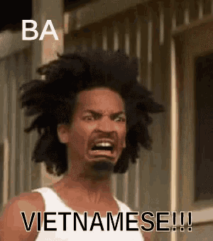 a man with a beard is making a funny face and says vietnamese .