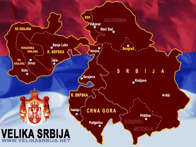 a red and white map of serbia with the website velika srbija at the bottom