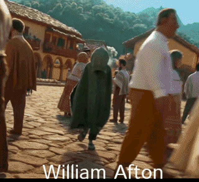 a group of people are walking down a cobblestone street and the name william afton is on the bottom right