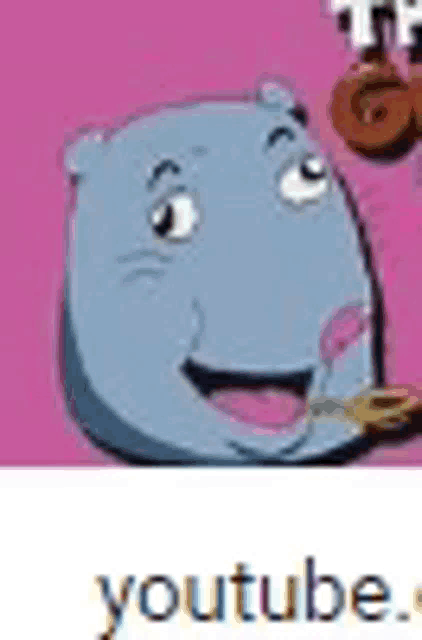 a cartoon hippopotamus is smiling and holding a donut in its mouth .