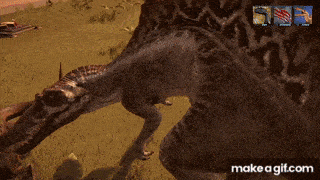 a video game screen shows a spinosaurus walking through a field