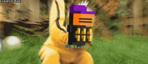 a pixelated image of a person holding a purple and orange object with senorgif.com written below it