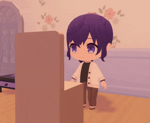 a girl with purple hair and blue eyes is standing in front of a dresser