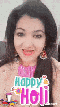 a woman is wearing a pink necklace and earrings with the words happy holi on the bottom