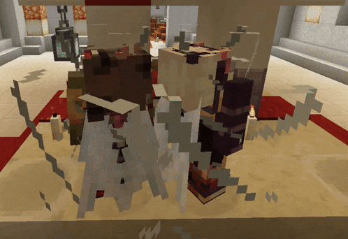 a group of minecraft characters are standing in a room with a red carpet on the floor