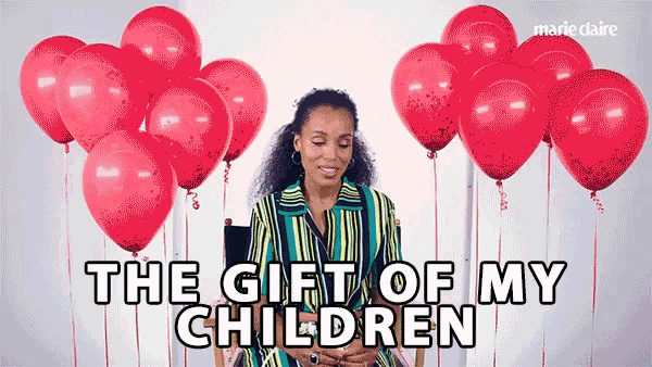 a woman in a striped shirt is surrounded by red balloons and the words " the gift of my children "