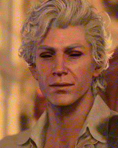 a close up of a man 's face with white hair and a white shirt