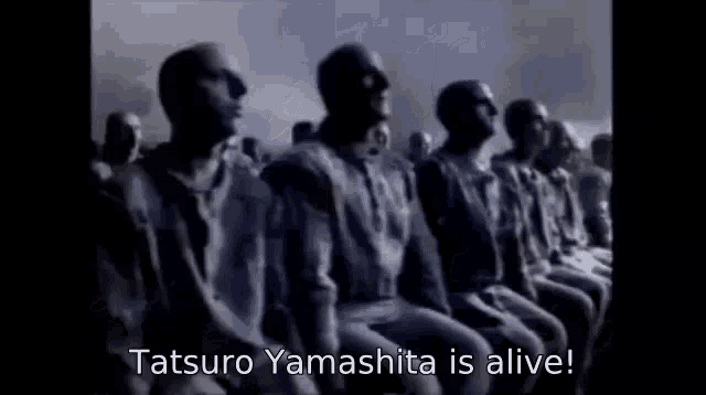a group of men are sitting in a row with their eyes closed and a caption that says tatsuro yamashita is alive