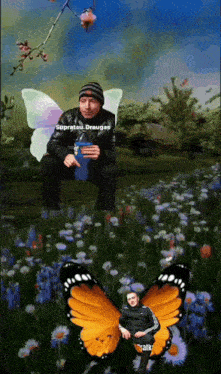 a man with fairy wings is sitting in a field