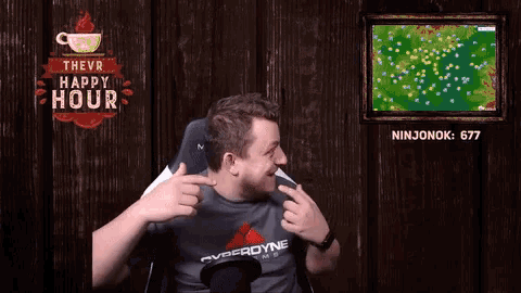 a man wearing a cyberdyne shirt is sitting in front of a screen that says happy hour